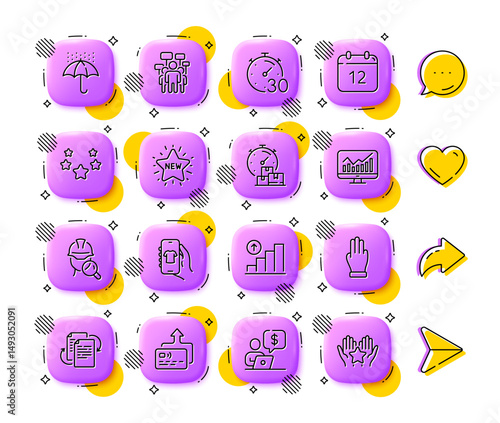 Shop app, Graph chart and Annual calendar line icons. App 3d buttons. Social media comment, share, like icons. Pack of Inspect, New star, Fast delivery icon. Vector