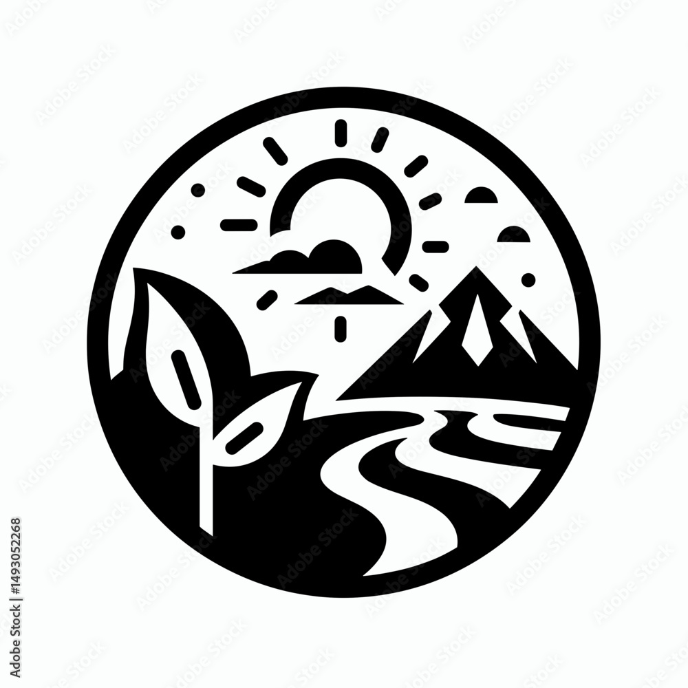 Obraz premium Black and white nature landscape icon featuring mountains, sun, and river with plants
