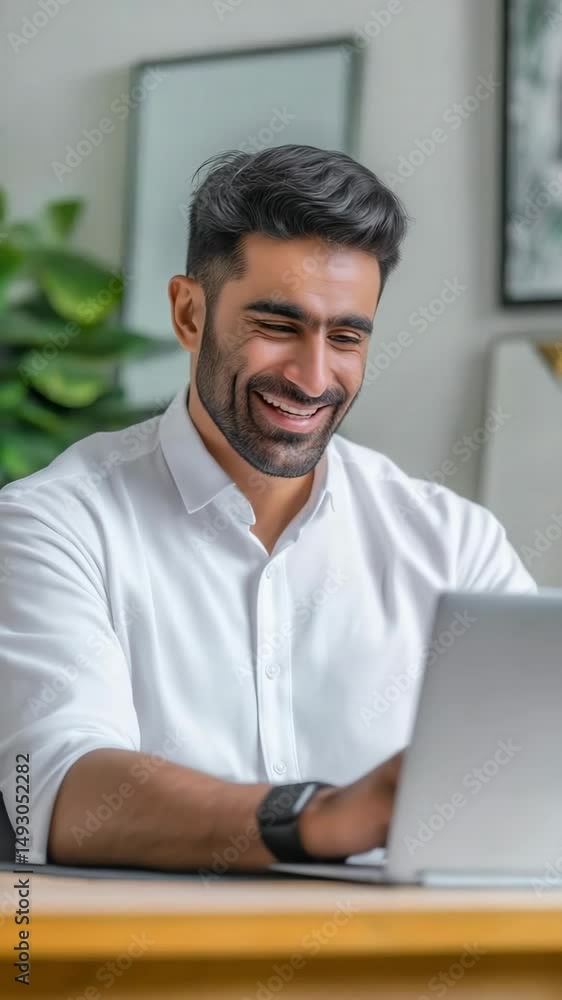Indian businessman smiles while using a laptop in his home office. Indian businessman smiles while using a laptop in his home office.