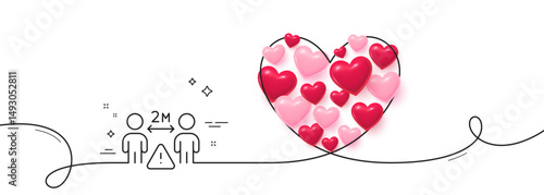 Social distance line icon. Continuous line big heart. People isolation sign. Prevention rules symbol. 3d hearts in heart shaped loop. Social distance single line ribbon. Loop curve pattern. Vector