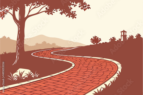 75 red gravel path, winding road, curved path, pebble pathway, inviting journey, scenic landscape, tranquil atmosphere, natural elements, outdoor setting, captivating perspective