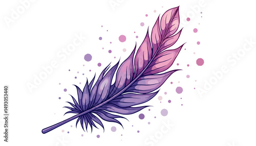 Detailed feather in purple tones on white, for spiritual design with copy space