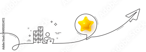 Inventory line icon. Continuous line with share plane. Warehouse manager sign. Wholesale operator symbol. 3d star in speech bubble. Inventory single line ribbon. Loop curve pattern. Vector
