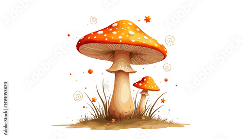 Two fly agaric mushrooms on white background, for educational use, with copy space
