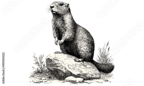 Hand-etched Marmot Wildlife Line Drawing, Monochrome Mountain Animal Illustration, Rustic Nature Print, Vintage Scientific Fauna Art, Detailed Black Sketch, old engraving style