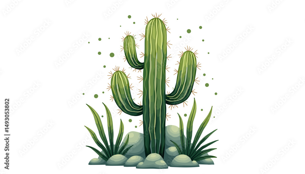 Stylized cactus with plants and rocks on white, for decoration, with copy space Stylized cactus with plants and rocks on white, for decoration, with copy space