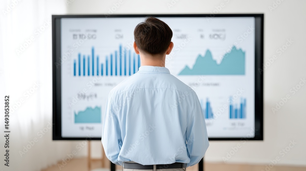 Obraz premium A business professional analyzes data trends on a large screen, reflecting on important metrics and strategies for success in a modern corporate environment.