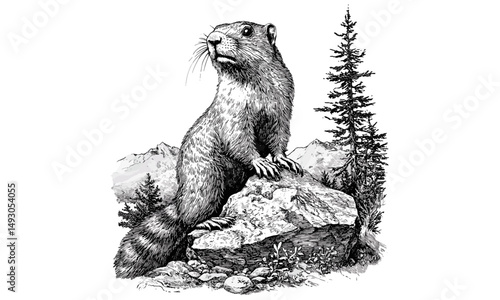 Vintage Marmot Etching in Mountain Terrain, Monochrome Rustic Wildlife Print, Detailed Animal Line Art, Scientific Fauna Illustration, Black Sketch, trendy nature wall art,