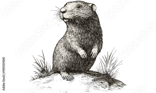 Mole Standing Upright, Hand-drawn Illustration, Vintage Burrowing Animal Drawing, Old Engraving Style, Black Sketch Effect, Antique Wildlife Print, Rustic Nature Wall Art, retro fauna art