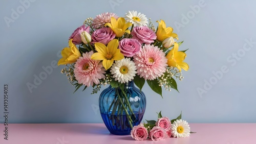 Wallpaper Mural colorful flower bouquet in a blue glass vase. selective focus on subject. Torontodigital.ca