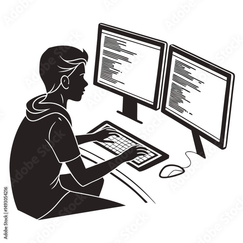 Person working intensely on computer programming with dual monitors displaying code, representing software development and coding activities