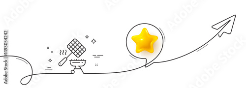 Grill basket line icon. Continuous line with share plane. Barbecue cooker sign. Meat brazier utensils symbol. 3d star in speech bubble. Grill basket single line ribbon. Loop curve pattern. Vector