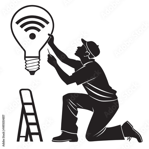 Technician installing or fixing a light bulb shaped like a Wi-Fi symbol, symbolizing wireless internet connection setup or repair.