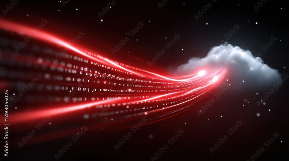 Obraz premium A glowing red data stream flows toward a cloud on a dark background, symbolizing cloud computing and digital data transfer.