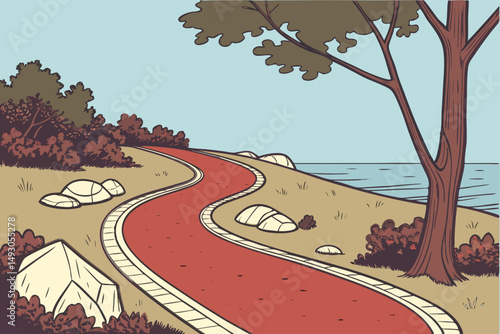 75 red gravel path, winding road, curved path, pebble pathway, inviting journey, scenic landscape, tranquil atmosphere, natural elements, outdoor setting, captivating perspective