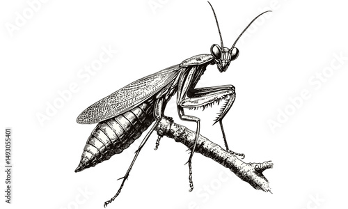 Rustic wildlife etching, monochrome vintage mantis engraving, hand-drawn insect line art, old engraving style, black sketch, nature fauna print, vintage entomological illustration