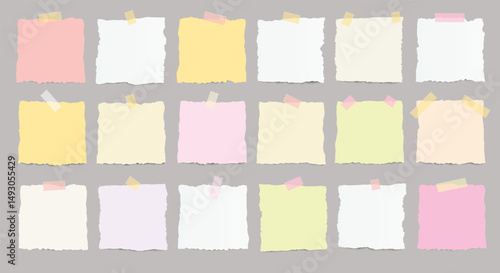 Large set of realistic paper torn pieces with adhesive tape and shadow on transparent background.