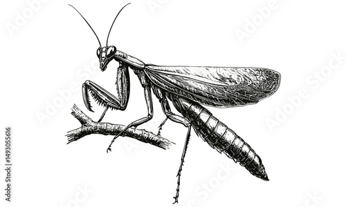 Hand-drawn insect line art, vintage mantis engraving on branch, monochrome rustic wildlife etching, old engraving style, black sketch, nature fauna print, entomological illustration,