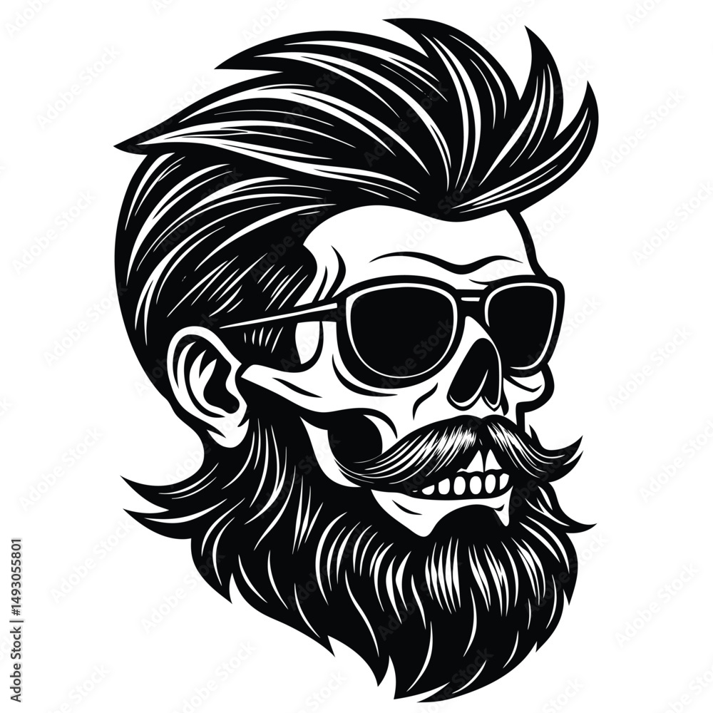 Obraz premium Skull with Slicked-Back Hair, Sunglasses, and Beard Vintage Illustration
