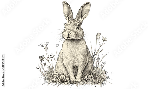 Rabbit sitting in meadow, monochrome vintage engraving, rustic animal line art, hand-drawn fauna illustration, black sketch nature print, old engraving style, wildlife decor, trendy rustic art