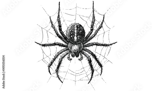 Monochrome spider engraving, vintage insect etching, detailed wildlife illustration, rustic nature fauna print, hand-drawn arachnid line art, old engraving style, trendy nature sketch