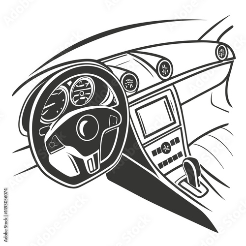 Detailed Automotive Interior Design with Dashboard and Steering Wheel Graphic
