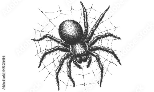 Hand-drawn arachnid line art, vintage insect etching, monochrome spider on web, detailed wildlife illustration, rustic nature fauna print, old engraving style, trendy natural history art