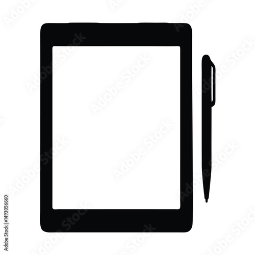 Electronic writing pad with stylus illustration in black and white style