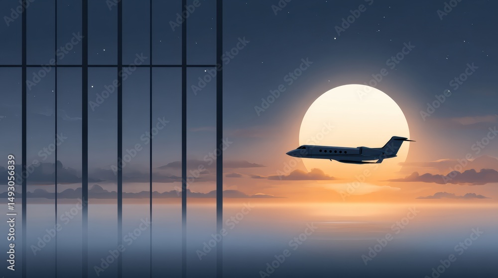Obraz premium A jet flies past a sunset, silhouetted against a glowing sky with reflections on calm water and bars in the foreground.