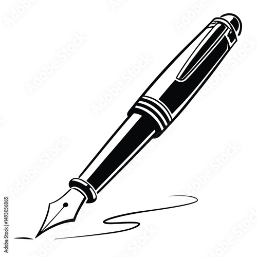 Elegant black and white fountain pen with calligraphy nib illustration style