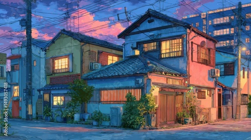 Fototapeta Naklejka Na Ścianę i Meble -  A stunning image of japanese tokyo city town in the evening. houses at the street. anime comics artstyle. cozy lofi asian architecture. 16:9 4k resolution.