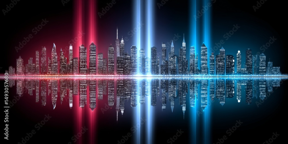 Fototapeta premium A city skyline lit up with red white and blue lights for a national holiday