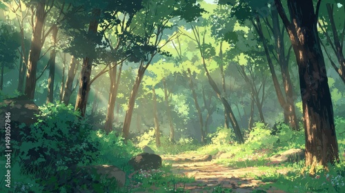 Fototapeta Naklejka Na Ścianę i Meble -  A stunning image of light and forest - Day , Anime background , Illustration.