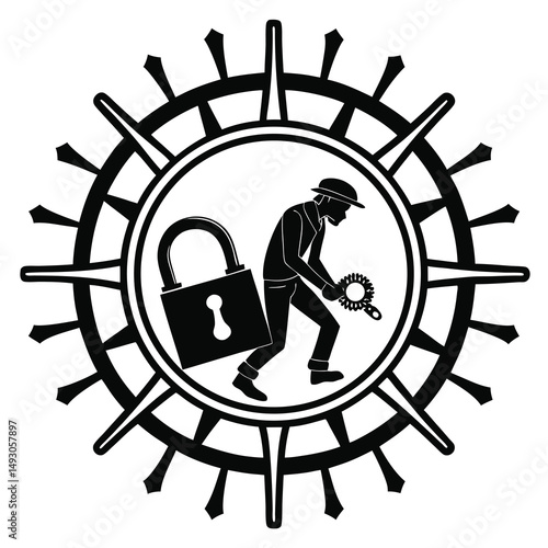 Illustration of a burglar cracking a lock set in a cogwheel design