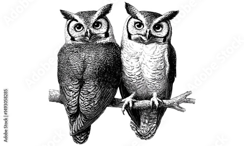 Hand-drawn Owls on Branch, Vintage Bird Engraving, Monochrome Animal Sketch, Rustic Wildlife Print, Ornithology Decor, Black and White Nature Art, trendy vintage wildlife illustration