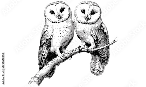 Owls Sitting on Branch, Hand-drawn Vintage Bird Illustration, Black and White Nature Art, Engraving Style, Rustic Wildlife Print, Ornithology Decor, Monochrome Animal Sketch