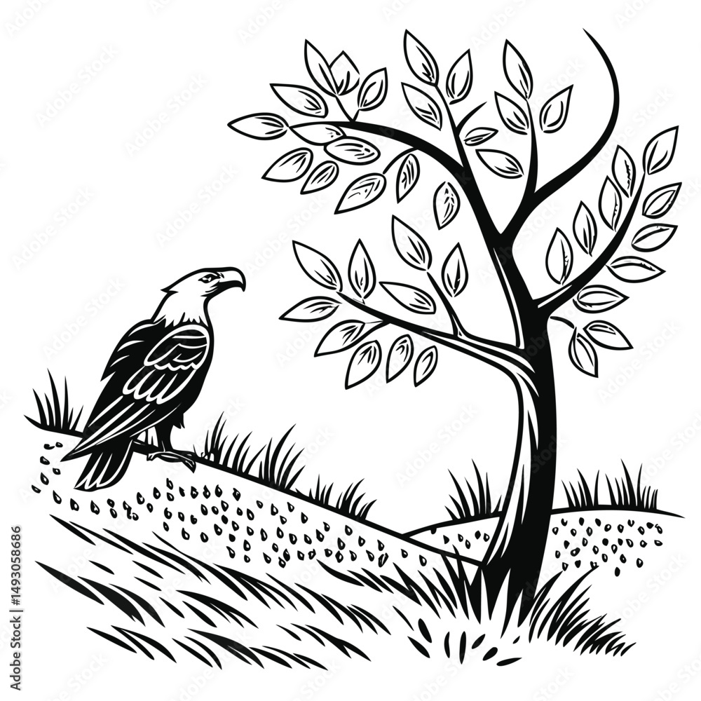 Majestic Eagle Silhouette: A stark black and white illustration of an eagle perched on a grassy mound, its keen gaze fixed upon an unseen vista, complemented by a stylized tree. Majestic Eagle Silhouette: A stark black and white illustration of an eagle perched on a grassy mound, its keen gaze fixed upon an unseen vista, complemented by a stylized tree.