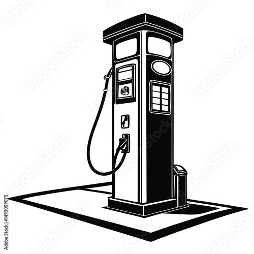Monochromatic gas station fuel pump on an island for refueling vehicles