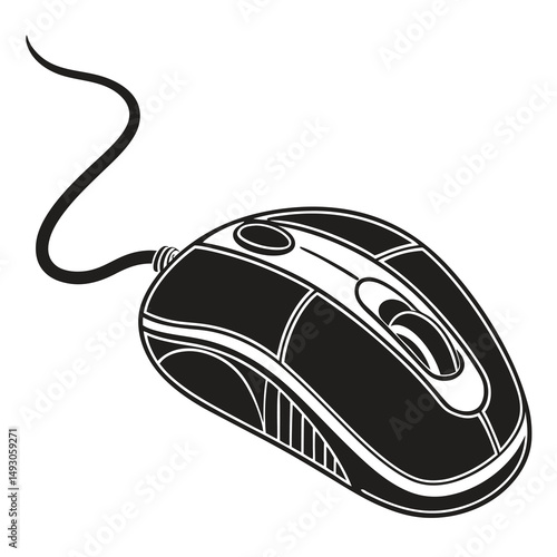 Monochromatic image of a classic wired computer mouse, black and white