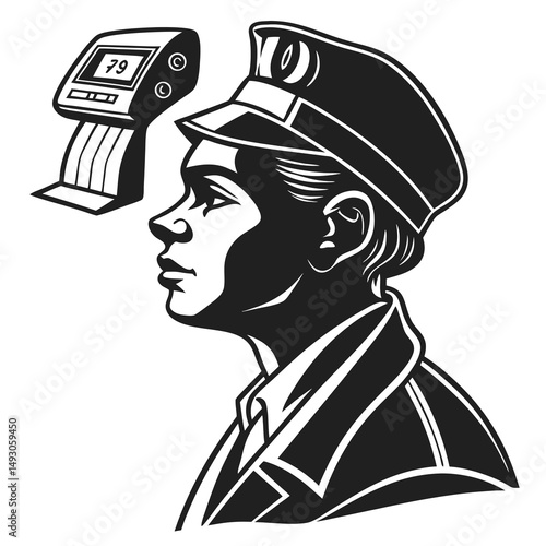 Monochrome depiction of a retro style traffic warden next to a speed camera