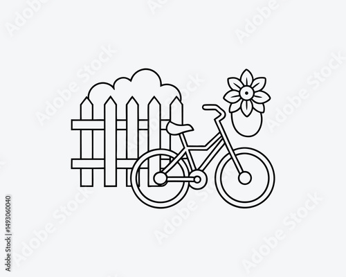 bicycle with a flower basket parked by a picket fence, line art illustration for coloring design