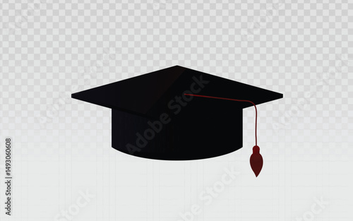 Realistic vector graphic of a black graduation cap with red tassel. Isolated academic object perfect for education, achievement, ceremony, or design projects.
