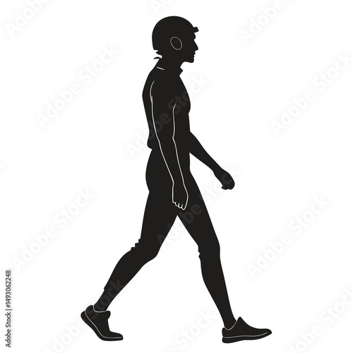 Silhouette of a Person Walking with a Helmet and Sneakers, Side View