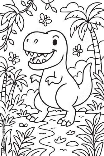 Cute Cartoon Dinosaurs in Prehistoric Landscape for Coloring Book