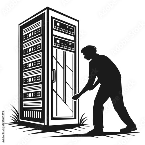 Silhouette of a technician working on a server rack in a data center