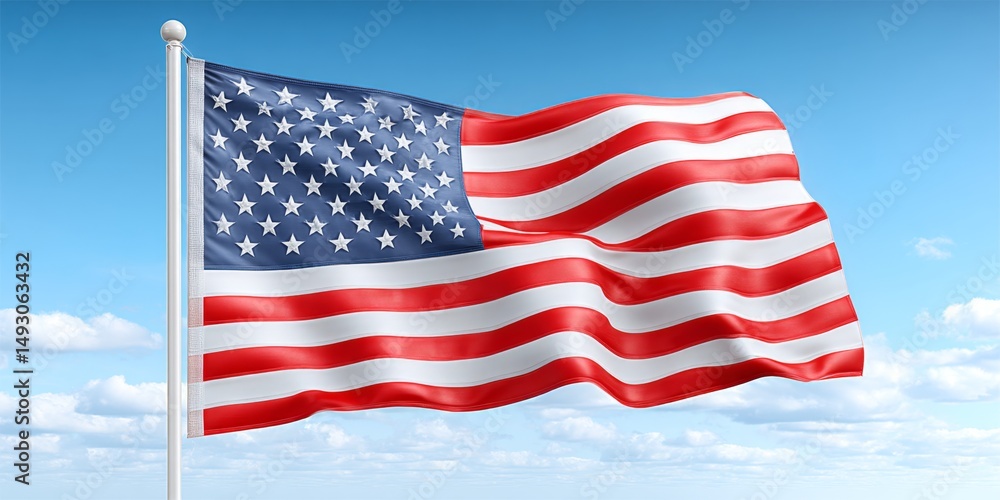 Fototapeta premium A waving red white and blue American flag in front of a blue sky