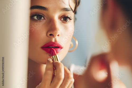 Beautiful woman applying red lipstick photography of makeup routine