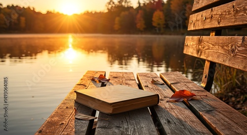 Fototapeta Naklejka Na Ścianę i Meble -  湖畔の夕暮れと一冊の本