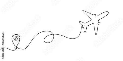 Airplane travelling continuous one line draw with map pin location, Continuous line drawing of aircraft flight routes and airport destinations. airplane line path icon of airplane flight route.