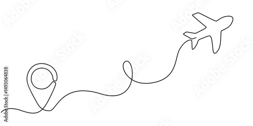 Airplane travelling continuous one line draw with map pin location, Continuous line drawing of aircraft flight routes and airport destinations. airplane line path icon of airplane flight route.